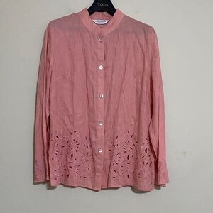 Katherine Kelly Pink Button-Up Blouse embroidered linen women L casual office